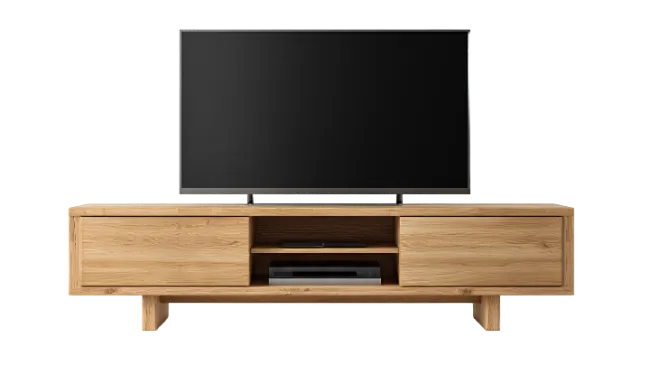 Modern television on a wooden media console