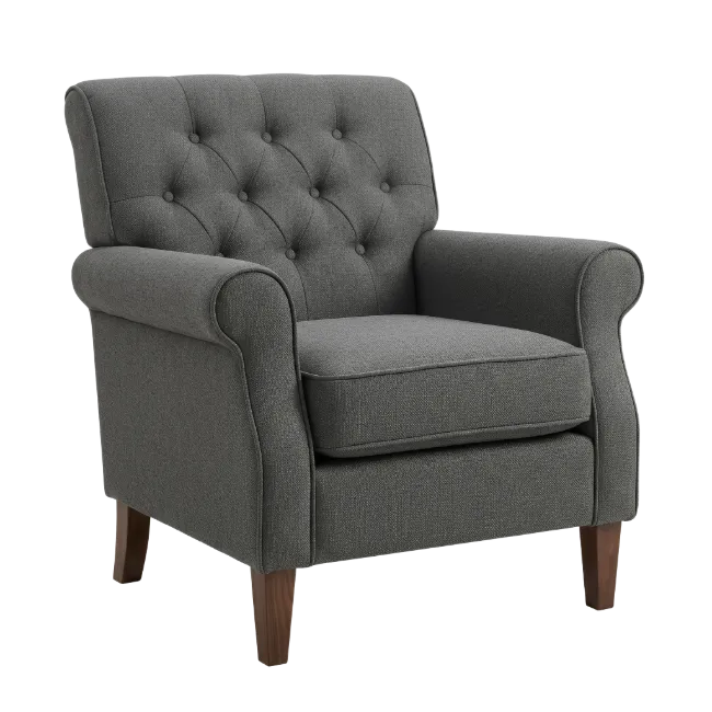 Modern tufted dark gray armchair with wooden legs