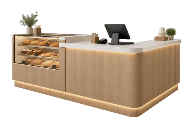 Modern Wooden Bakery Display Counter with Glass Showcase