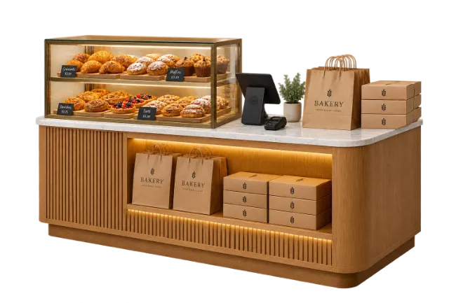 Modern Wooden Bakery Display Counter with Pastries