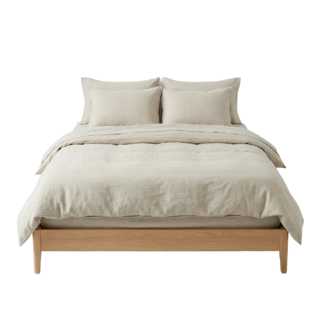 Modern Wooden Bed with Neutral Linen Bedding