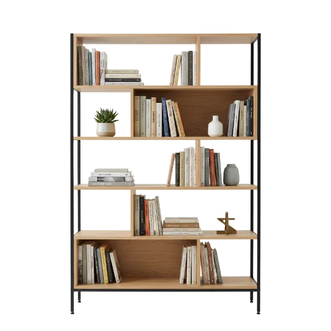 Modern wooden bookcase with books and decor