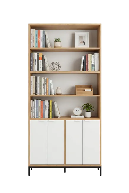 Modern wooden bookcase with shelves and cabinets