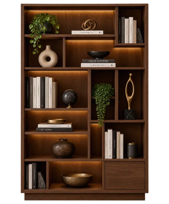 Modern Wooden Bookshelf with Built-in Lighting and Decor