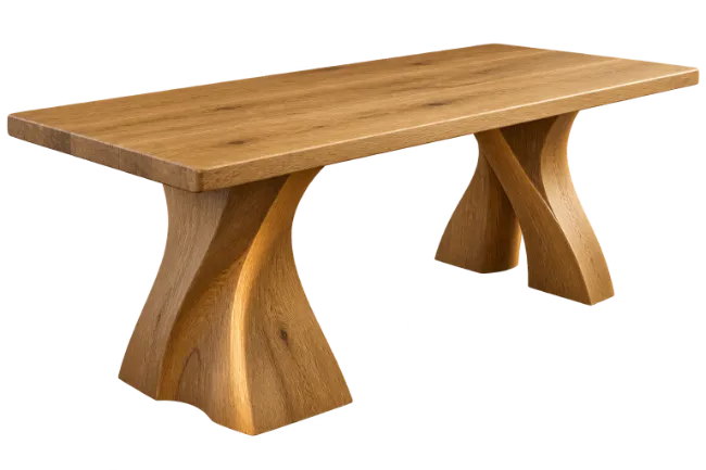Modern wooden dining table with carved pedestal legs