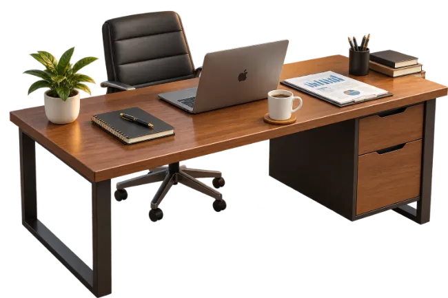 Modern Wooden Executive Office Desk with Laptop Setup