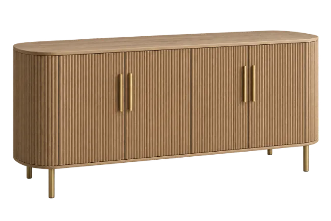 Modern wooden sideboard with fluted cabinet doors and gold legs