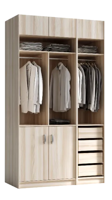 Modern Wooden Wardrobe with Hanging Clothes and Drawers