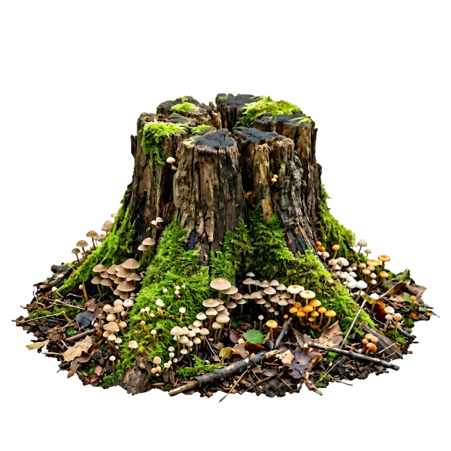 Moss Covered Tree Stump with Mushrooms