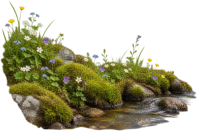 Mossy Riverbank with Wildflowers and Rocks