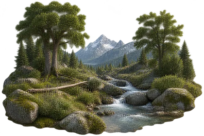 Mountain River Flowing Through Lush Forest Landscape