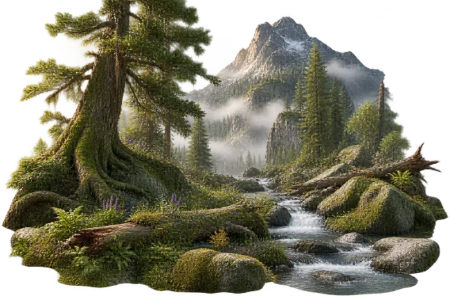 Mountain Stream Flowing Through Lush Pine Forest and Rocks