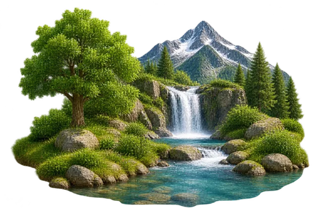 Mountain Waterfall Landscape with Green Trees and River