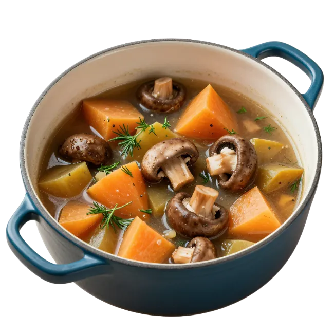 Mushroom and Vegetable Soup in Blue Pot