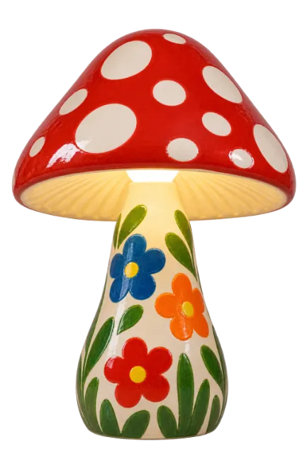 Mushroom Lamp with Painted Flowers