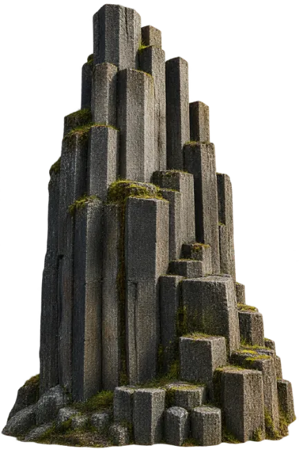 Natural Basalt Column Rock Formation with Green Moss