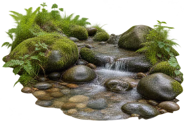 Natural Forest Stream with Moss Covered Rocks and Ferns
