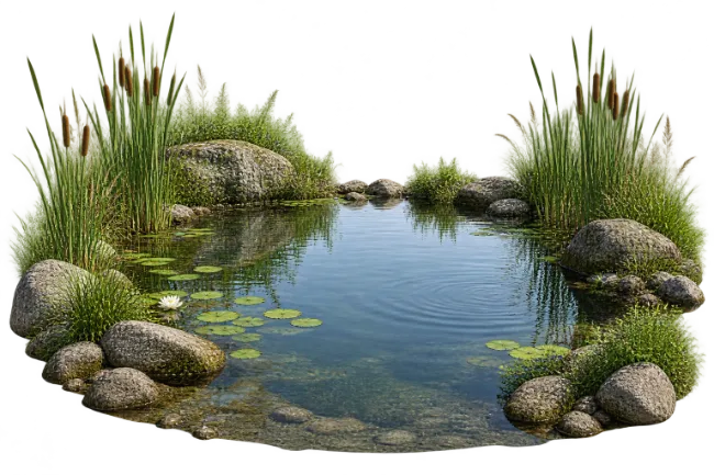 Natural Freshwater Pond with Water Lilies and Reeds