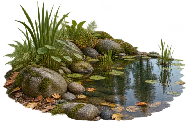 Natural Garden Pond with Mossy Rocks and Water Plants