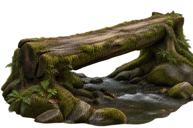 Natural Mossy Wooden Log Bridge Over Stream