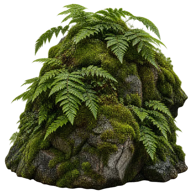 Natural Rock Covered with Lush Green Moss and Ferns