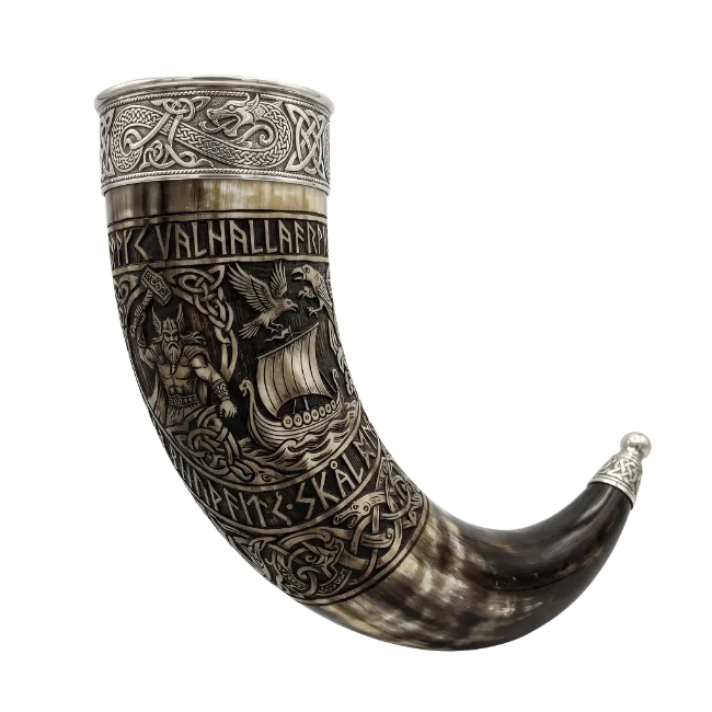 Norse Viking Drinking Horn with Intricate Carvings