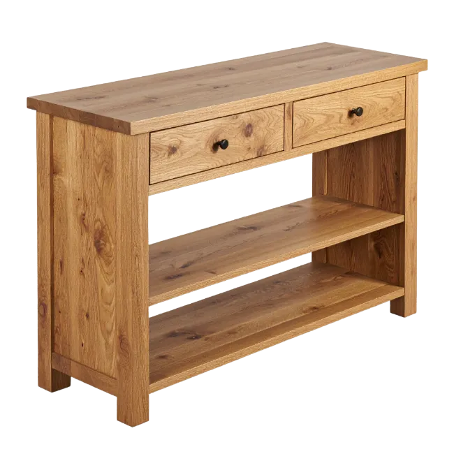 Oak Console Table with Drawers and Shelves