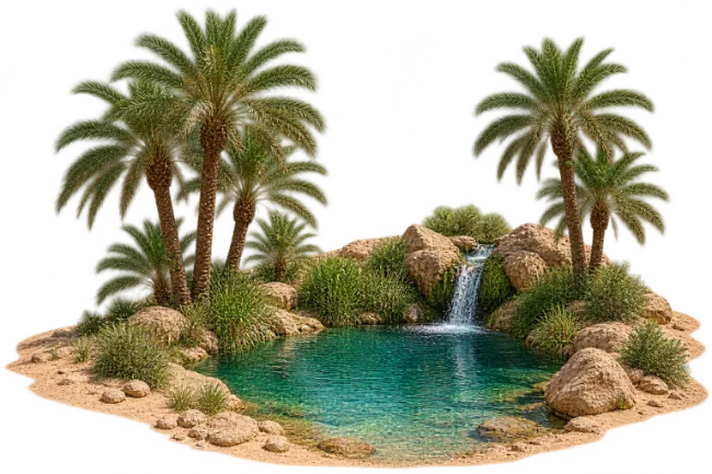 Oasis Waterfall with Palm Trees