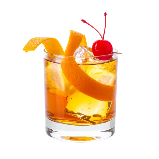 Old Fashioned Cocktail with Orange Peel and Cherry