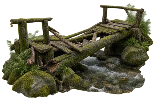 Old Mossy Wooden Bridge Over Rocky Forest Stream