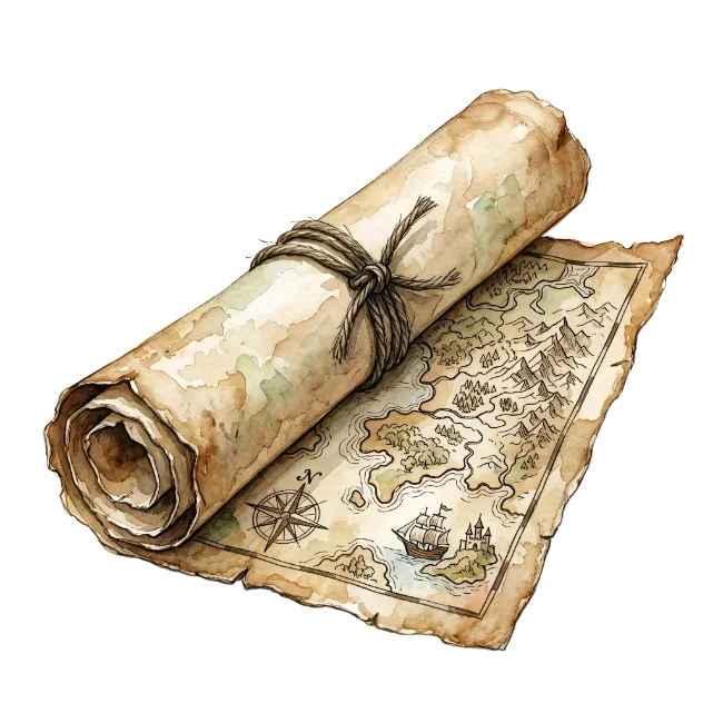 Old Rolled Treasure Map with Compass and Ship