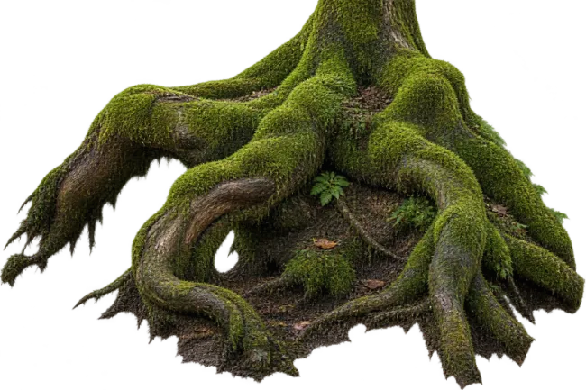 Old Tree Roots Covered in Lush Green Moss