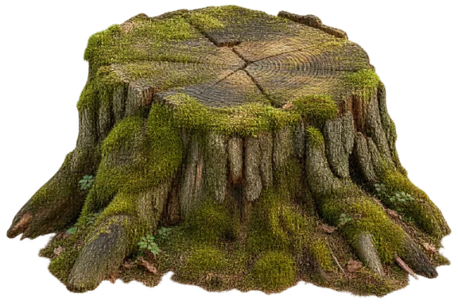 Old Tree Stump Covered with Green Moss