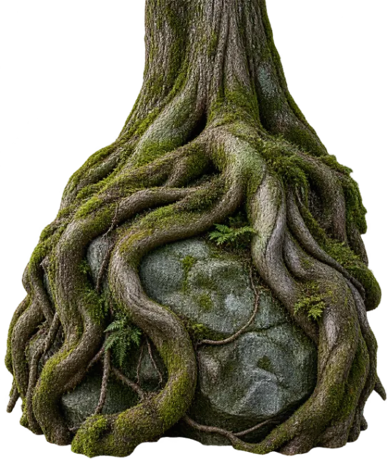 Old Tree Trunk Base with Mossy Roots Over Rock