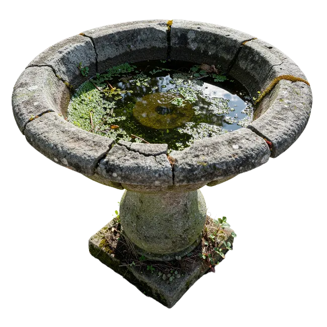 Old Weathered Stone Birdbath with Standing Water