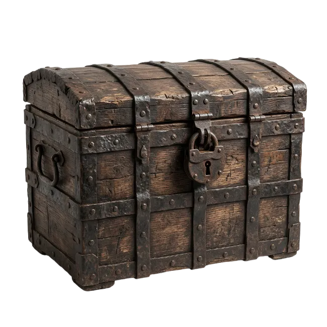 Old Wooden Treasure Chest with Iron Banding and Padlock