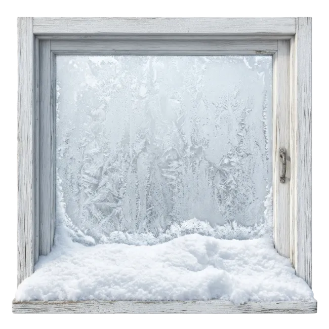 Old wooden window with frost and snow