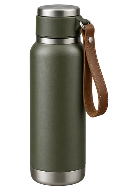 Olive Green Insulated Water Bottle with Leather Strap