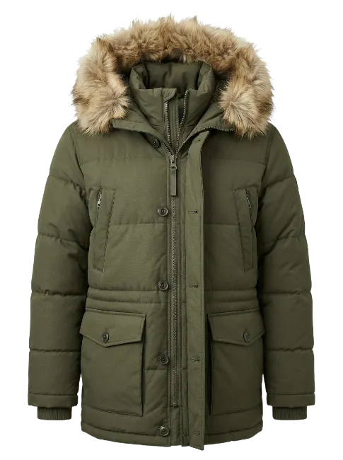 Olive Green Winter Parka Jacket with Fur Hood