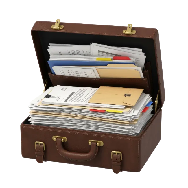 Open Brown Leather Briefcase Filled With Documents