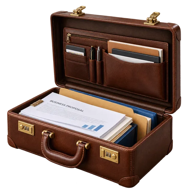 Open Brown Leather Briefcase with Business Documents and Stationery