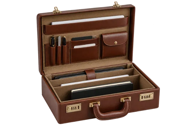 Open brown leather briefcase with organizing compartments