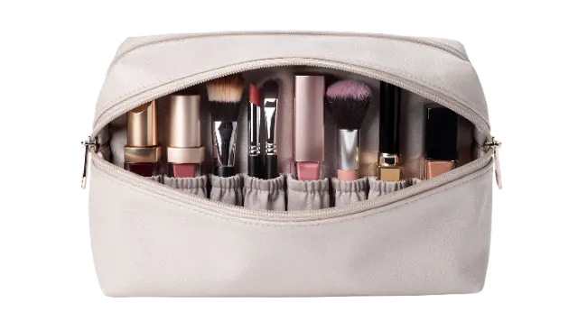 Open Cosmetic Bag with Makeup Brushes and Lipsticks