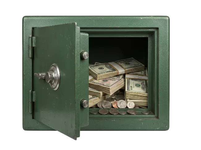 Open Green Metal Safe Filled With Cash And Coins