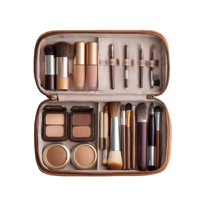 Open Makeup Bag with Brushes and Cosmetics
