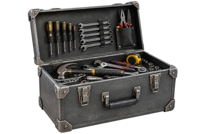 Open Metal Toolbox Filled with Hand Tools and Equipment