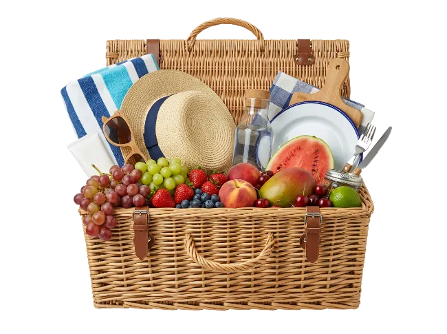 Open Picnic Basket With Fresh Fruit And Accessories
