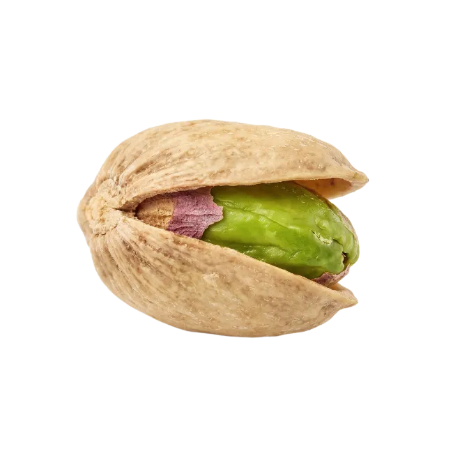 Open pistachio nut with visible green kernel