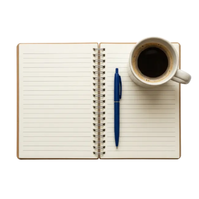 Open Spiral Notebook With Pen And Coffee Cup
