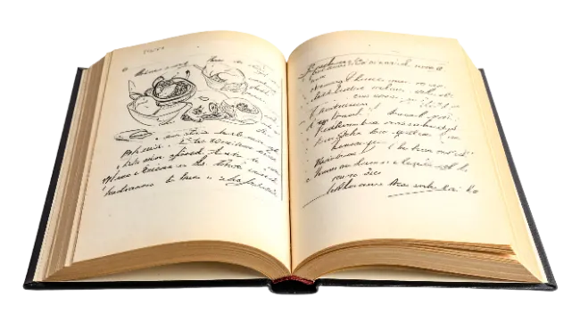 Open vintage book with handwritten notes and sketches